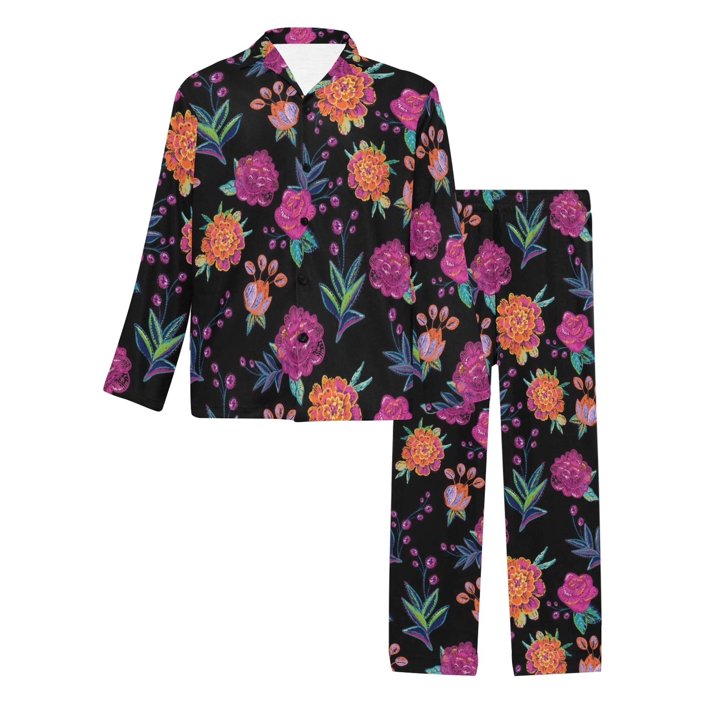 Marigold Pattern Print Design MR02 Men's Long Pajama Set