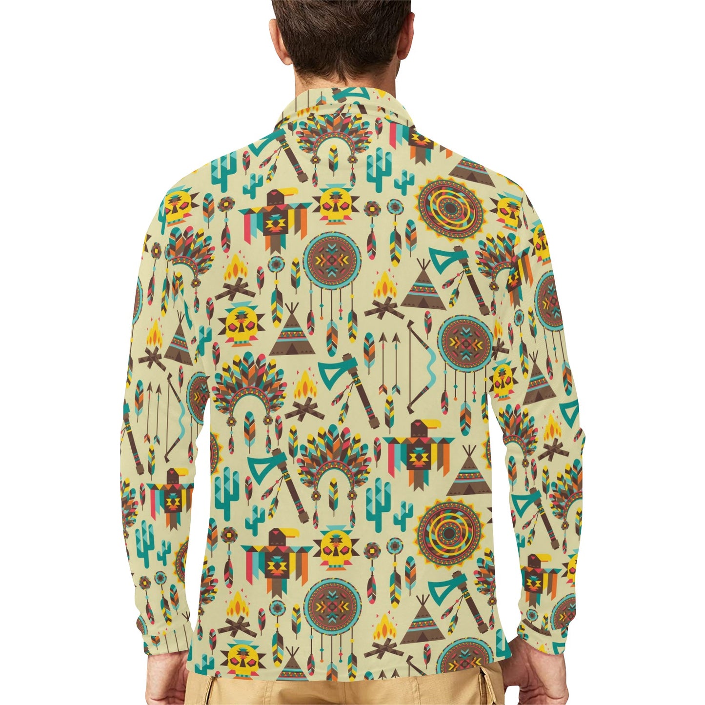 Tribal indians native american aztec Long Sleeve Polo Shirt For Men's