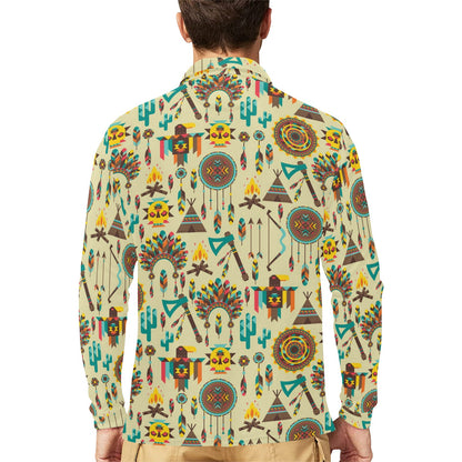 Tribal indians native american aztec Long Sleeve Polo Shirt For Men's