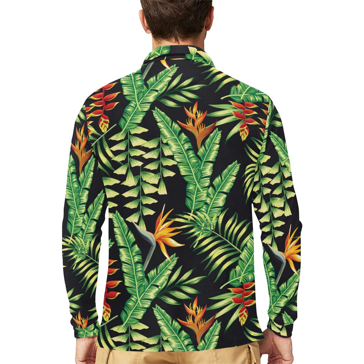 Hawaiian Flower Tropical Palm Leaves Long Sleeve Polo Shirt For Men's