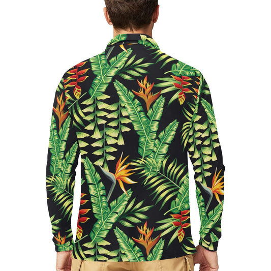 Hawaiian Flower Tropical Palm Leaves Long Sleeve Polo Shirt For Men's