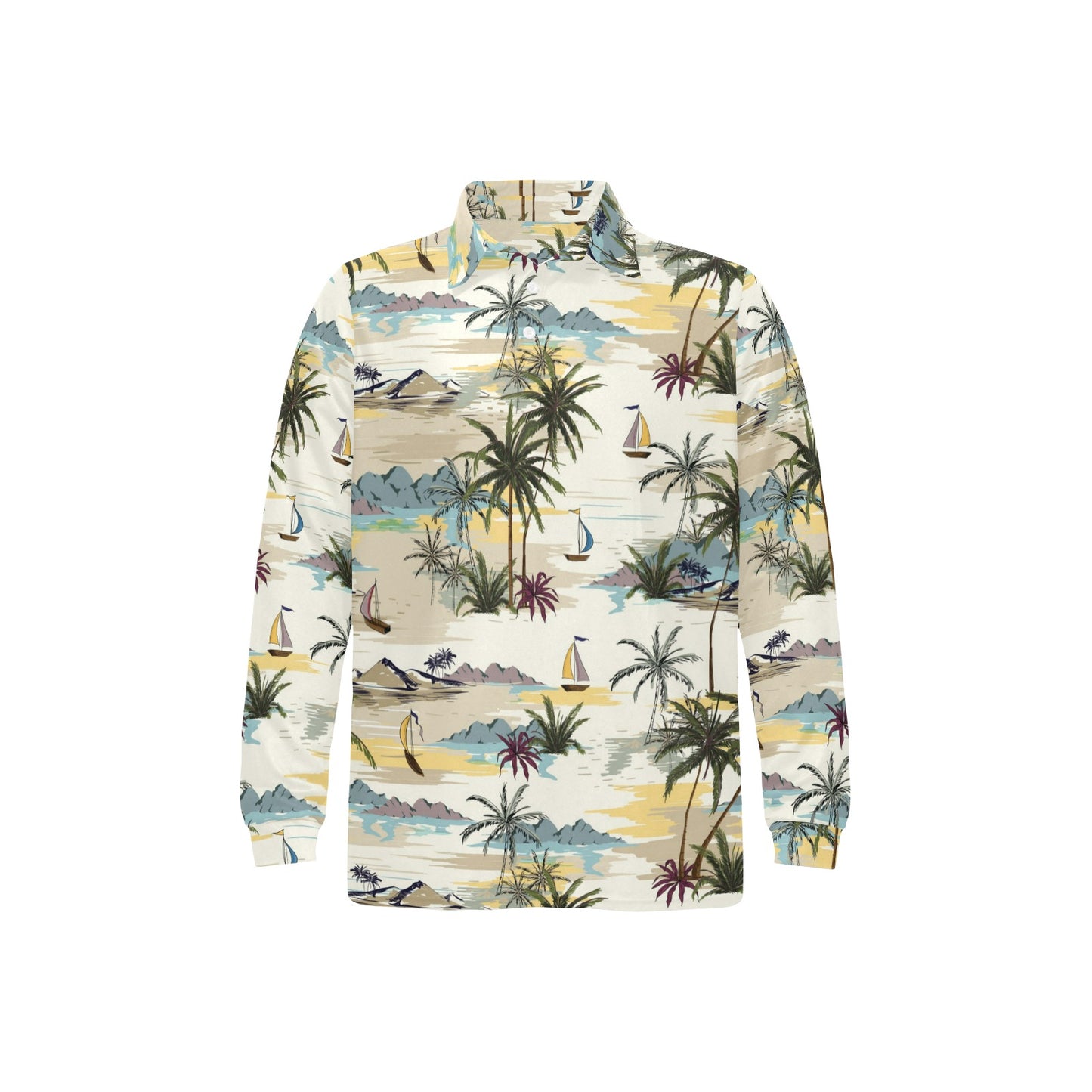 Palm Tree Beach Print Long Sleeve Polo Shirt For Men's