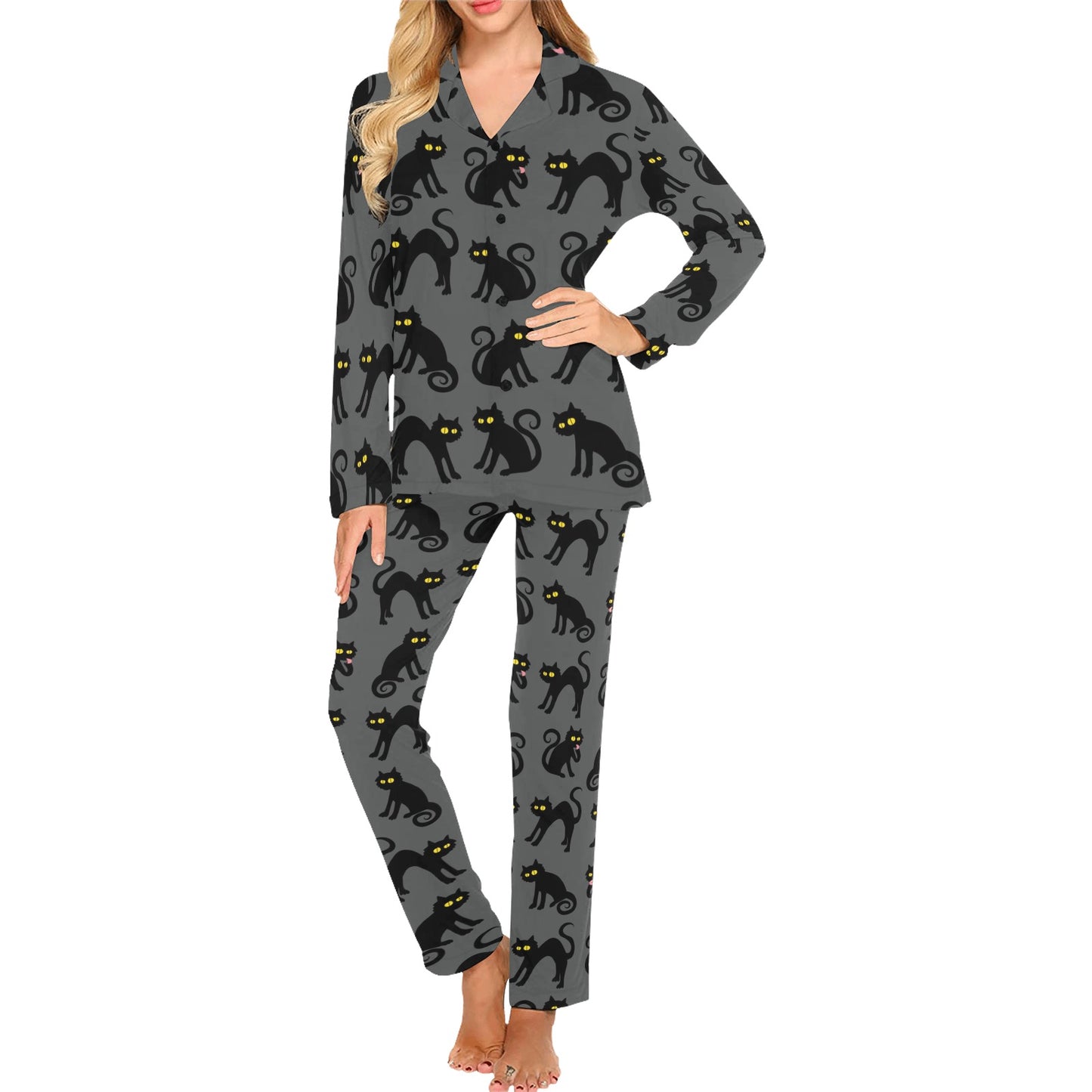 Black Cat Cute Print Pattern Women's Long Pajama Set