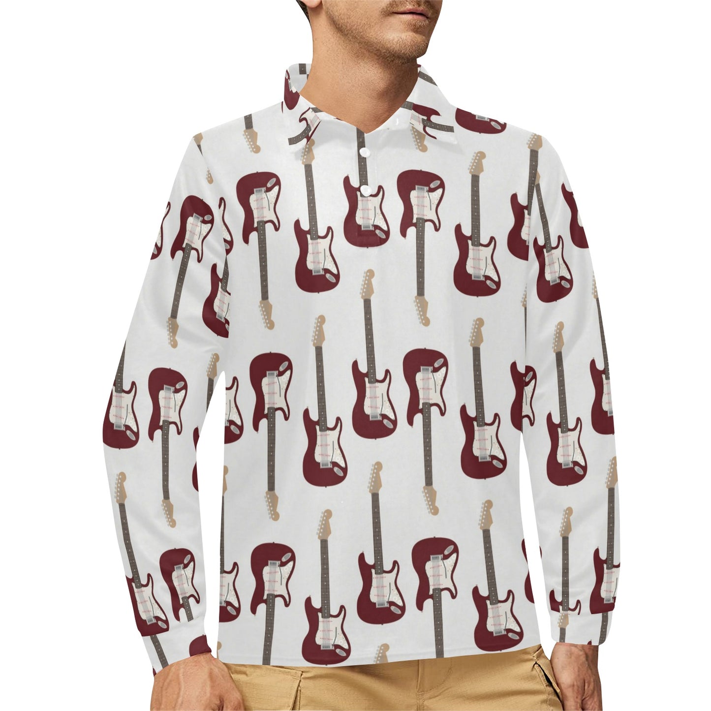 Bass Guitar Pattern Print Design 03 Long Sleeve Polo Shirt For Men's