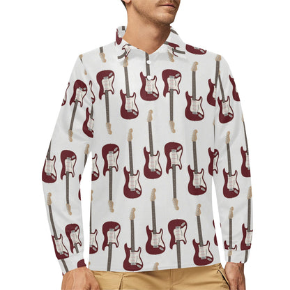 Bass Guitar Pattern Print Design 03 Long Sleeve Polo Shirt For Men's