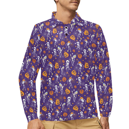 Skeleton Halloween Dance Print Design LKS304 Long Sleeve Polo Shirt For Men's