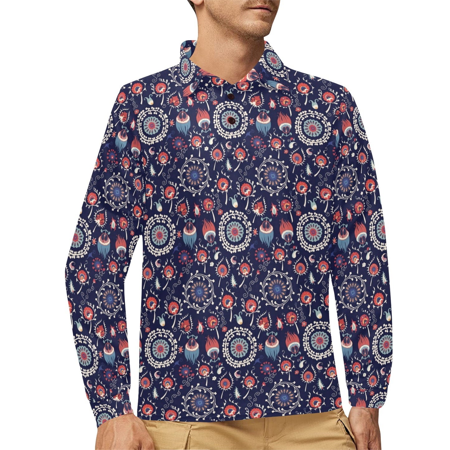 Suzani Print Design LKS305 Long Sleeve Polo Shirt For Men's