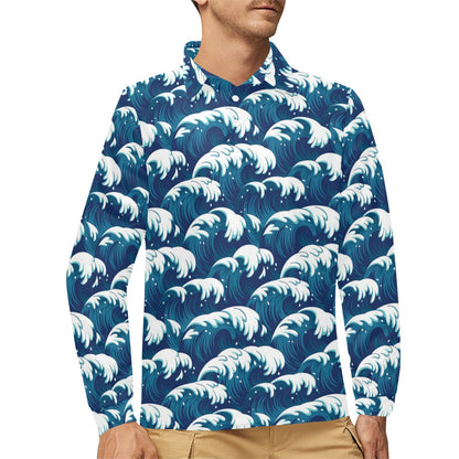Ocean Wave Pattern Print Long Sleeve Polo Shirt For Men's