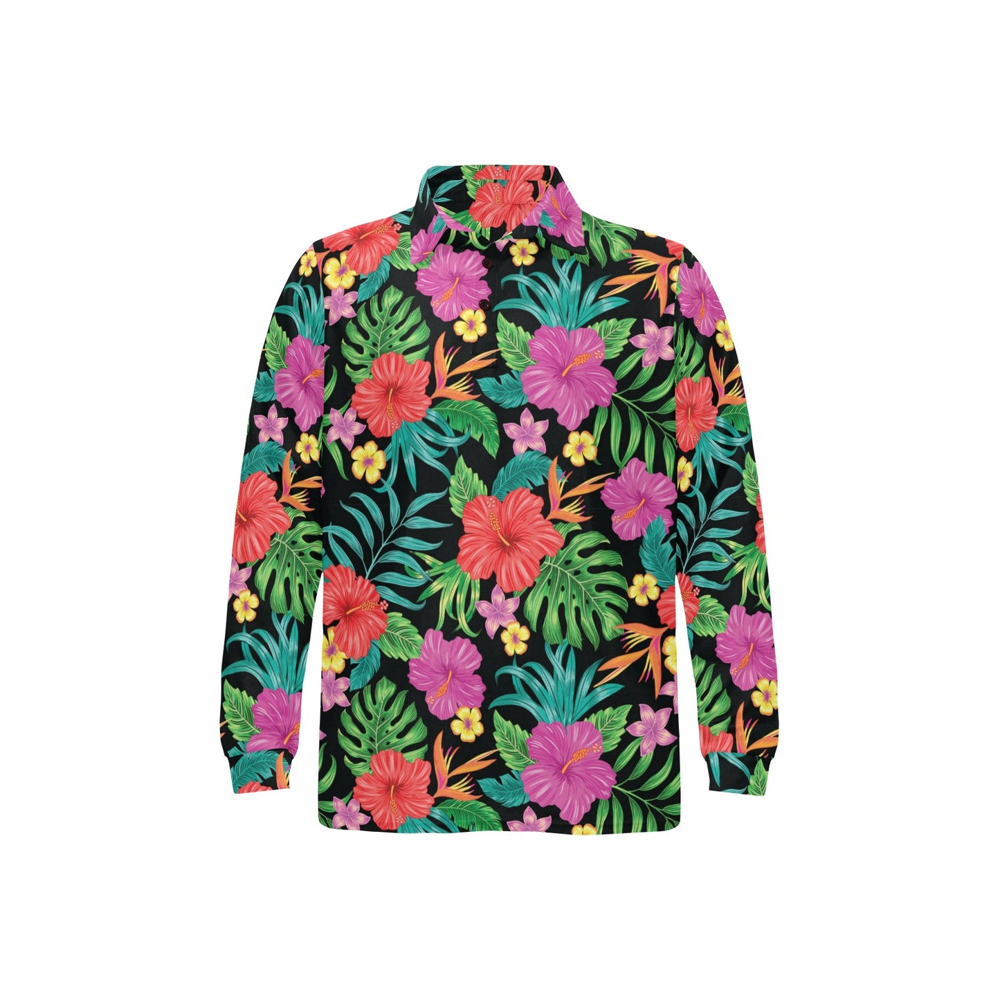 Hibiscus Red Hawaiian Flower Long Sleeve Polo Shirt For Men's