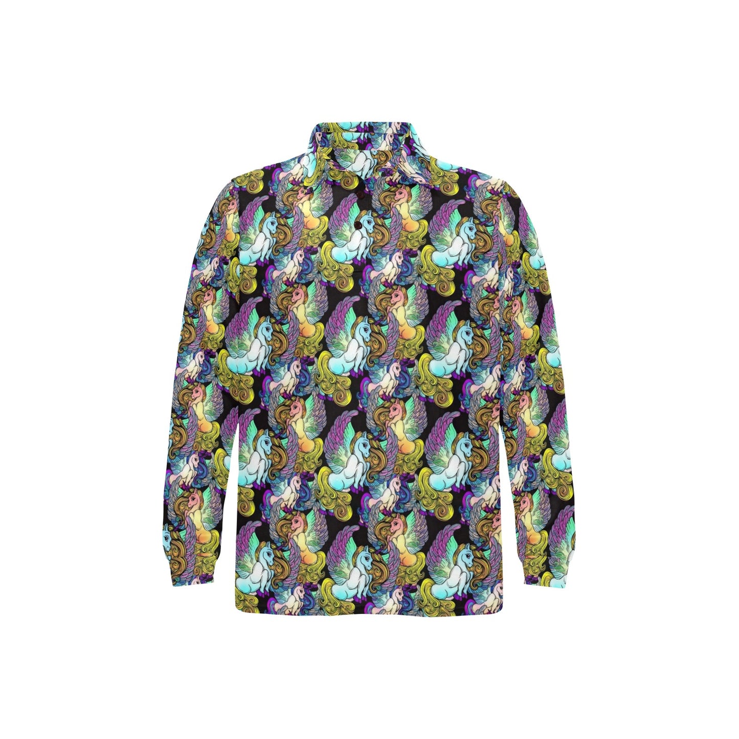 Unicorn With Wings Print Pattern Long Sleeve Polo Shirt For Men's