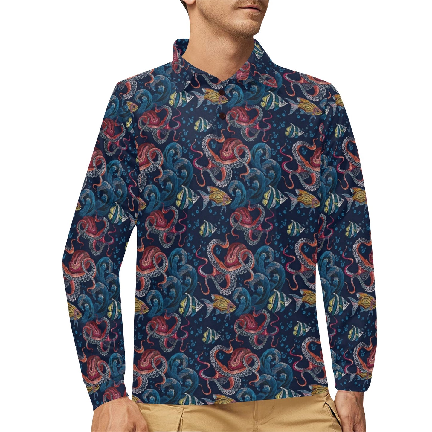 Octopus Deep Sea Print Themed Long Sleeve Polo Shirt For Men's