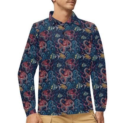 Octopus Deep Sea Print Themed Long Sleeve Polo Shirt For Men's