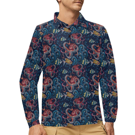 Octopus Deep Sea Print Themed Long Sleeve Polo Shirt For Men's