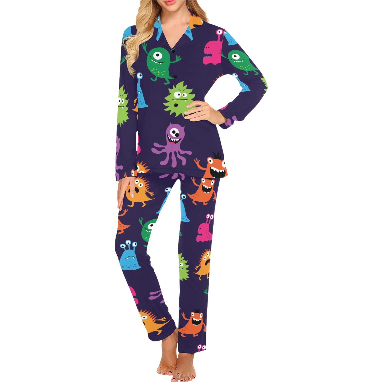 Monster Cartoon Pattern Print Design 02 Women's Long Pajama Set