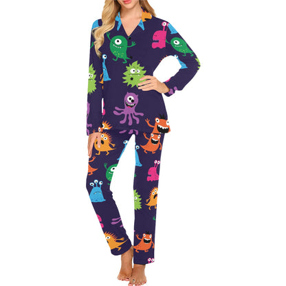 Monster Cartoon Pattern Print Design 02 Women's Long Pajama Set