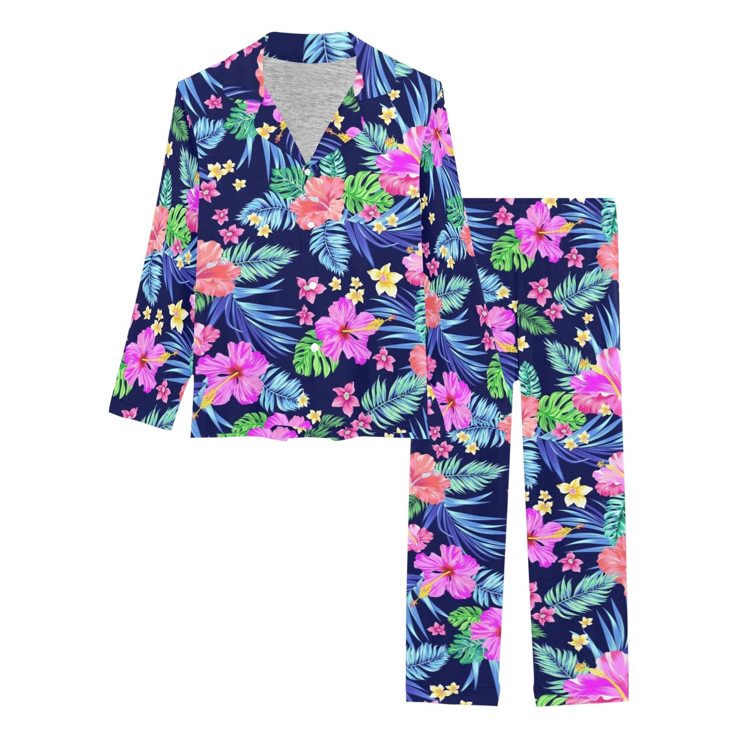 Neon Hibiscus Pattern Print Design HB016 Women's Long Pajama Set