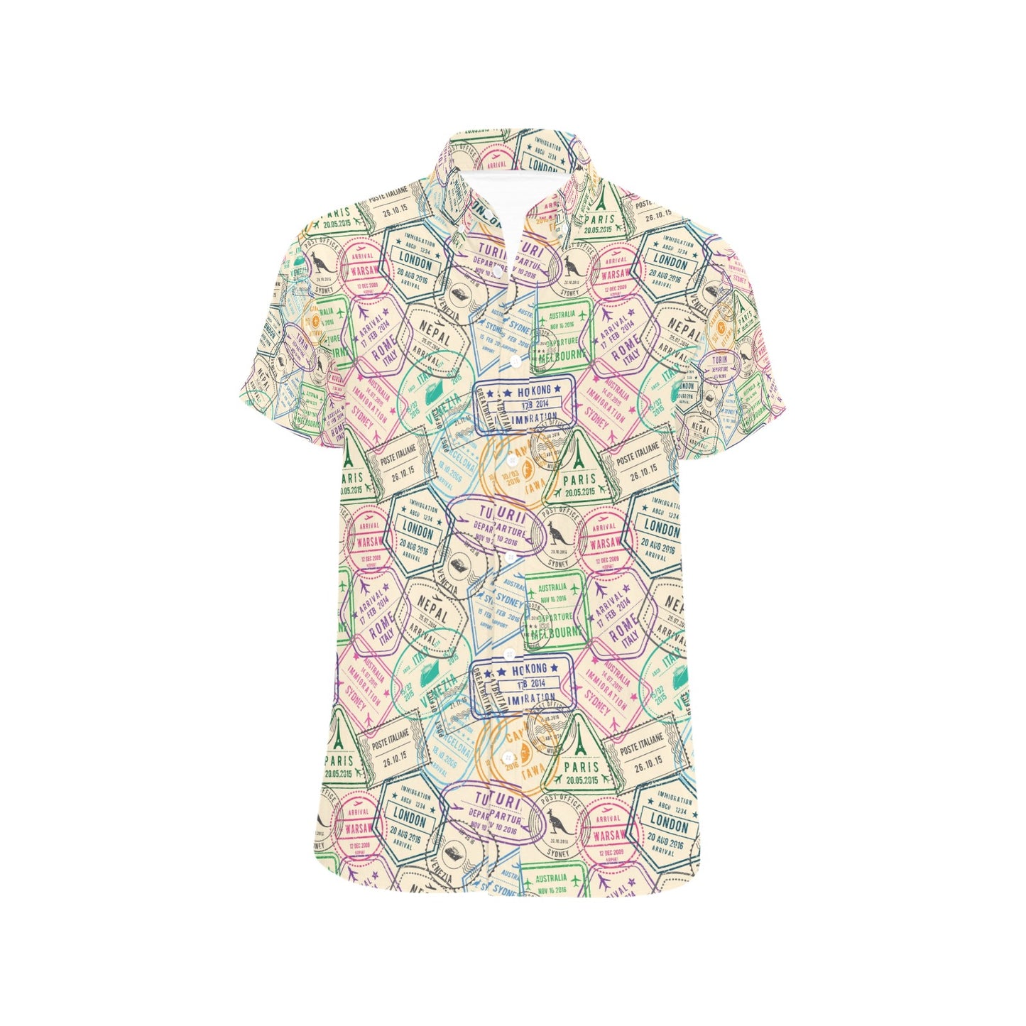 Travel Stamp Print Design LKS303 Men Short Sleeve Button Up Shirt