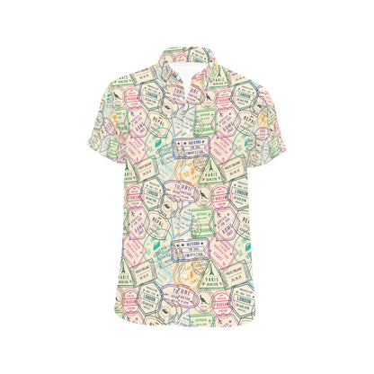 Travel Stamp Print Design LKS303 Men Short Sleeve Button Up Shirt