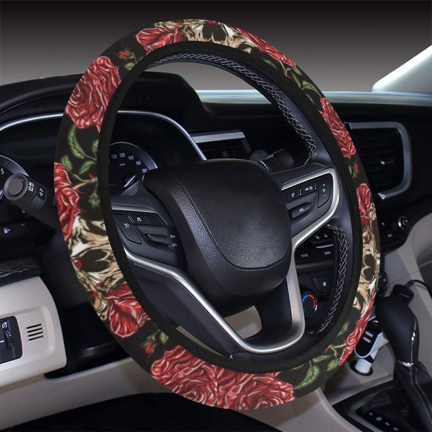 Skull And Roses Print Design LKS303 Steering Wheel Cover with Elastic Edge