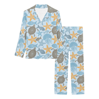Polynesian Jellyfish Turtle Print Women's Long Pajama Set