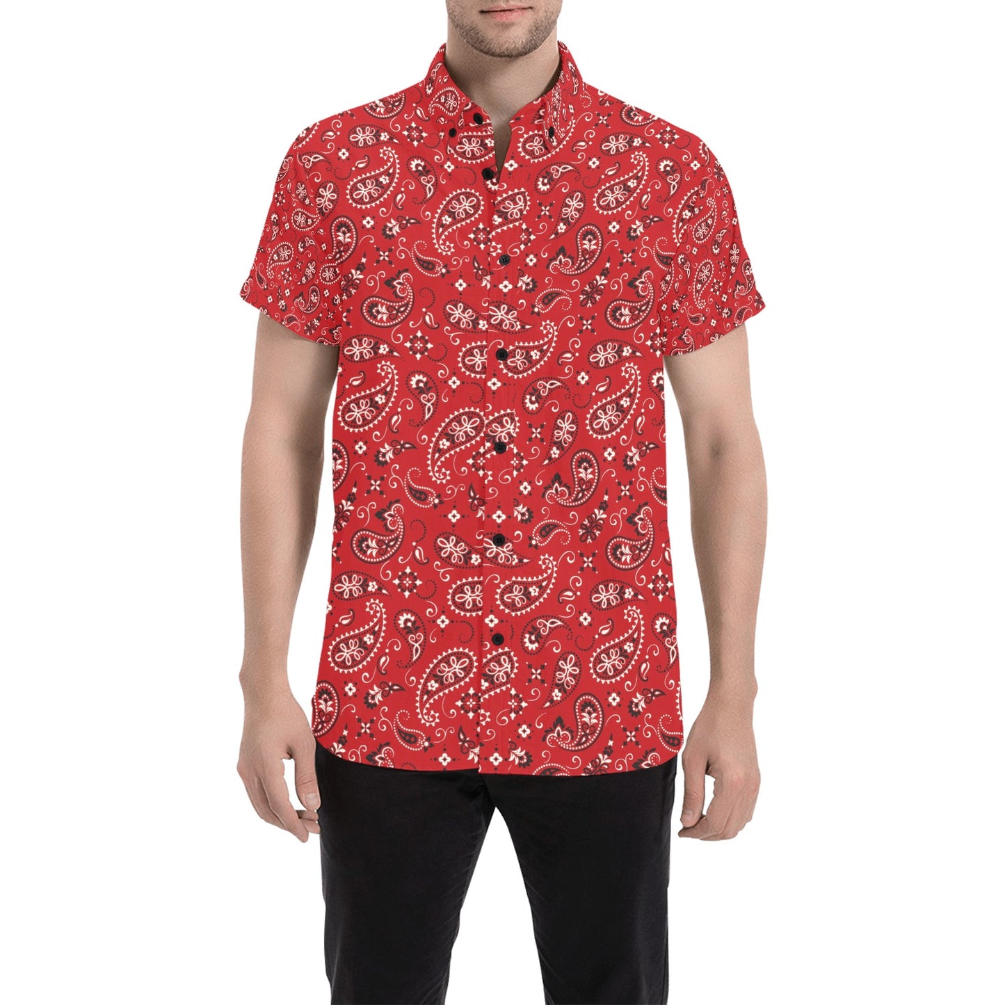 Bandana Paisley Red Print Design LKS3011 Men Short Sleeve Button Up Shirt