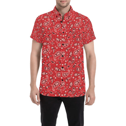 Bandana Paisley Red Print Design LKS3011 Men Short Sleeve Button Up Shirt