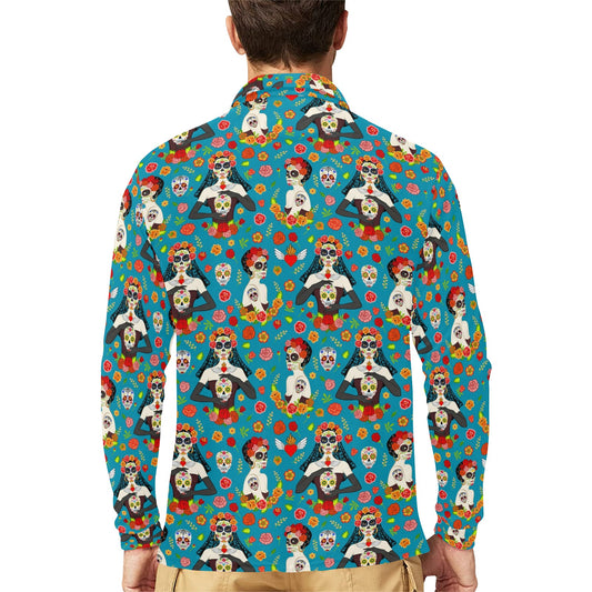 Day of the Dead Old School Girl Design Long Sleeve Polo Shirt For Men's