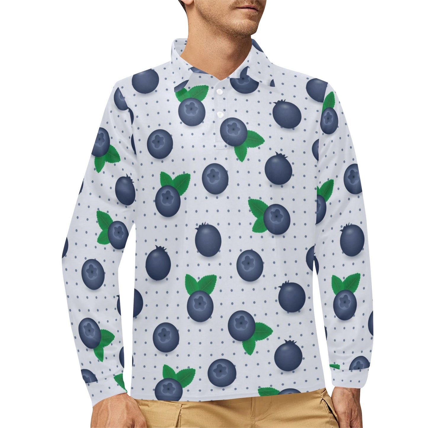 Blueberry Pattern Print Design BB02 Long Sleeve Polo Shirt For Men's