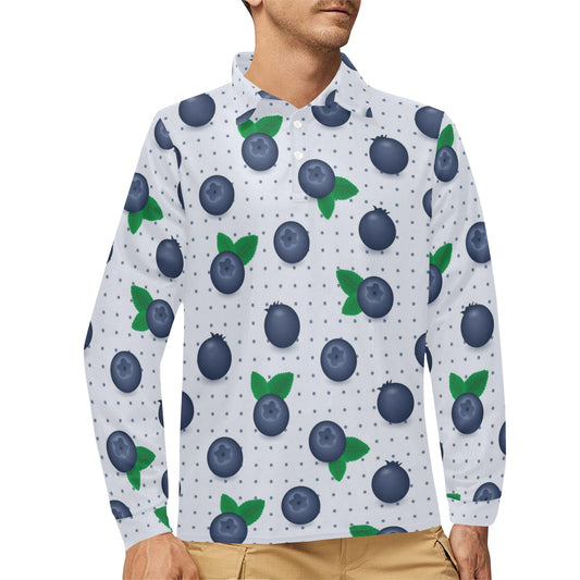 Blueberry Pattern Print Design BB02 Long Sleeve Polo Shirt For Men's