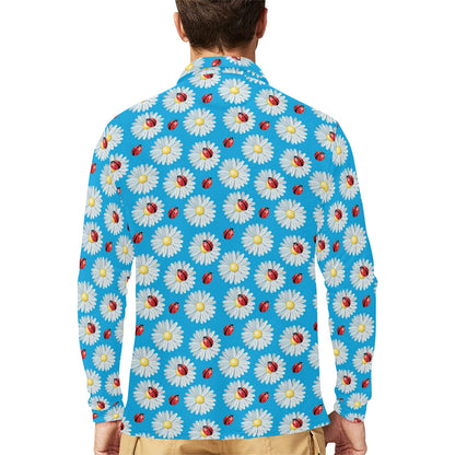 Ladybug with Daisy Themed Print Pattern Long Sleeve Polo Shirt For Men's