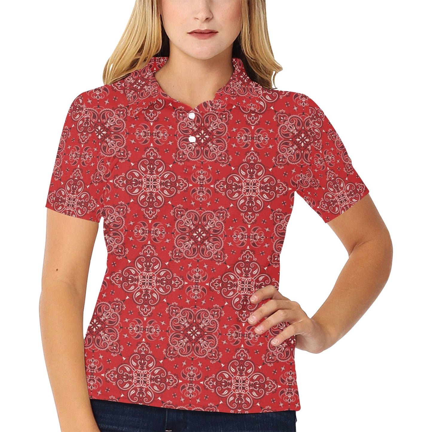 Bandana Red Pattern Print Design LKS3010 Women's Polo Shirt