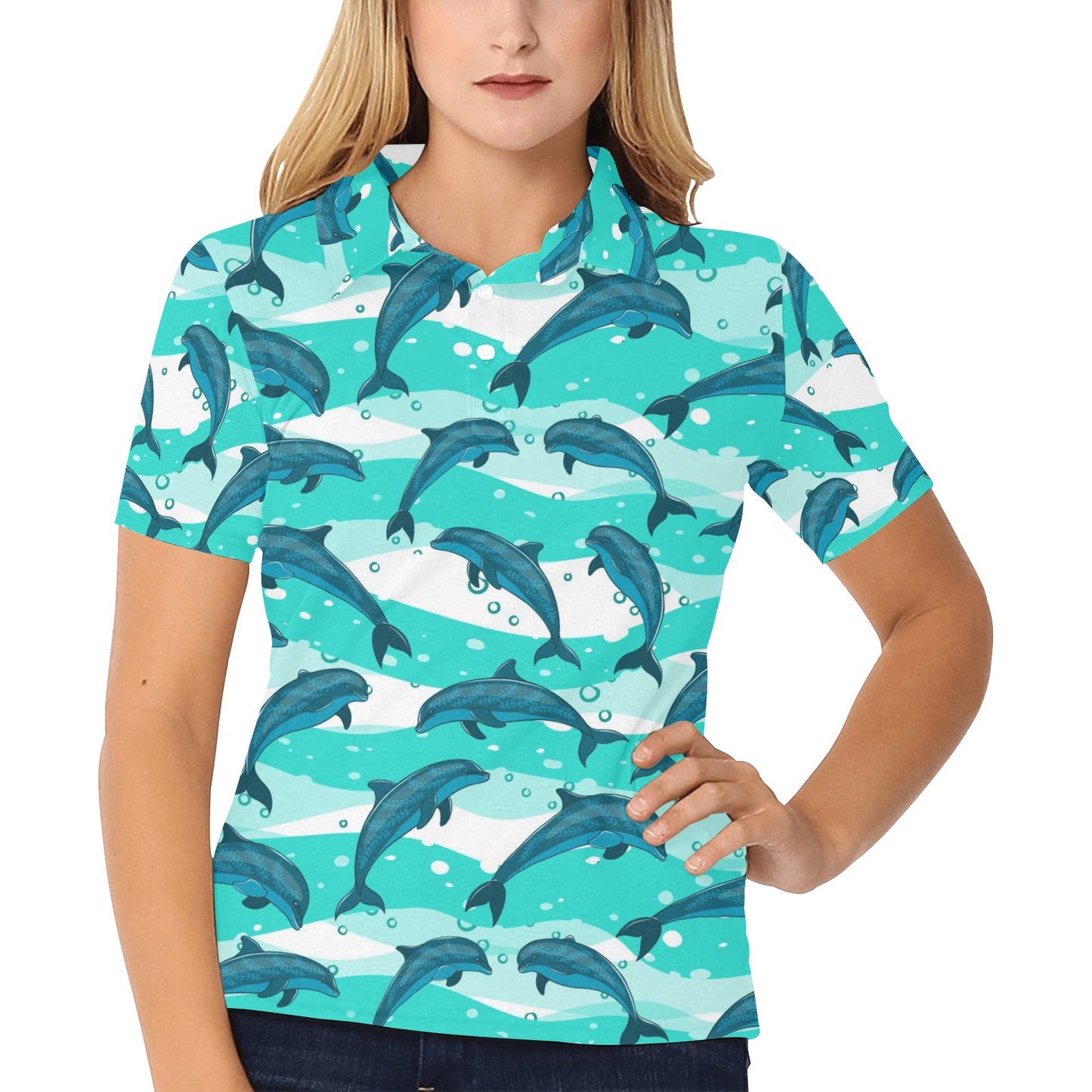 Dolphin Design Print Pattern Women's Polo Shirt