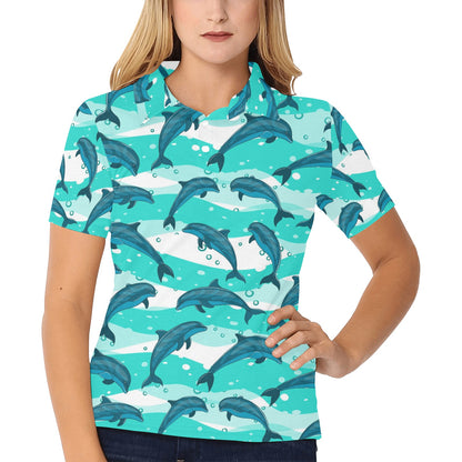 Dolphin Design Print Pattern Women's Polo Shirt
