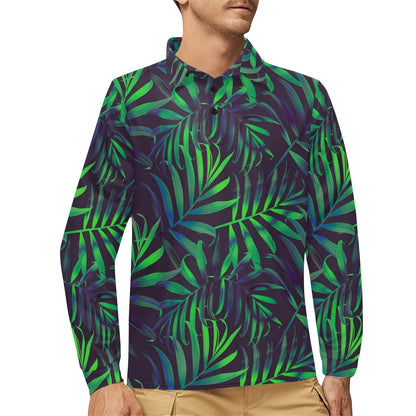Palm Leaves Pattern Print Design PL01 Long Sleeve Polo Shirt For Men's