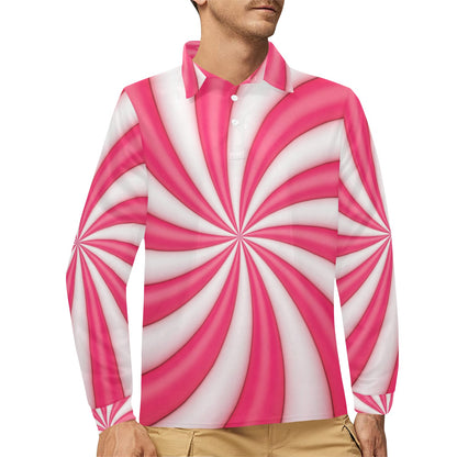 Vortex Twist Swirl Candy Print Long Sleeve Polo Shirt For Men's
