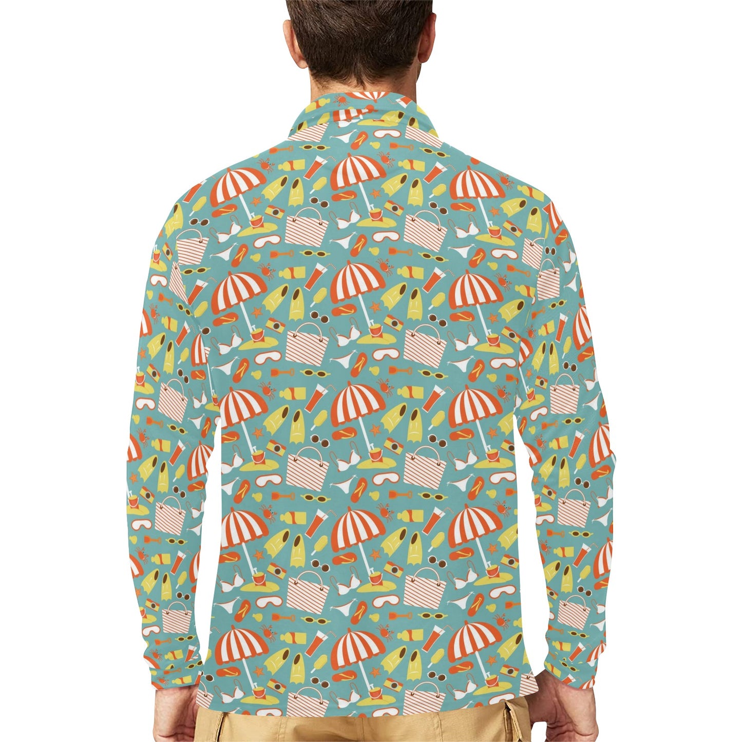 Beach Scene Pattern Print Design 02 Long Sleeve Polo Shirt For Men's
