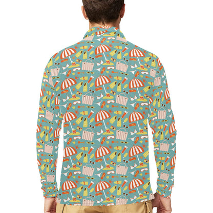 Beach Scene Pattern Print Design 02 Long Sleeve Polo Shirt For Men's
