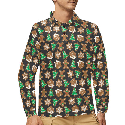 Gingerbread Pattern Print Design 02 Long Sleeve Polo Shirt For Men's