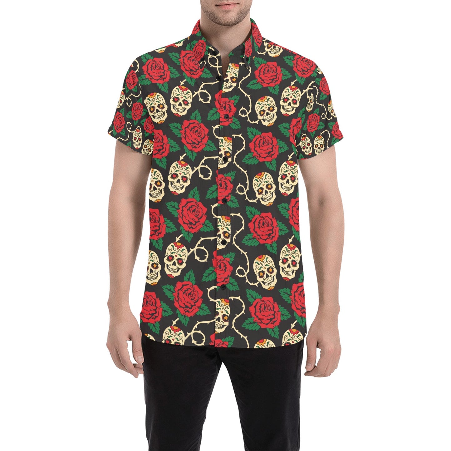 Sugar Skull Red Rose Print Design LKS301 Men Short Sleeve Button Up Shirt