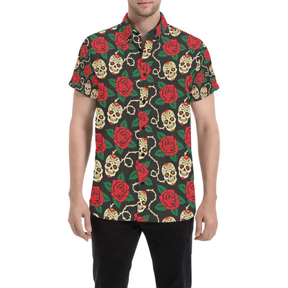 Sugar Skull Red Rose Print Design LKS301 Men Short Sleeve Button Up Shirt