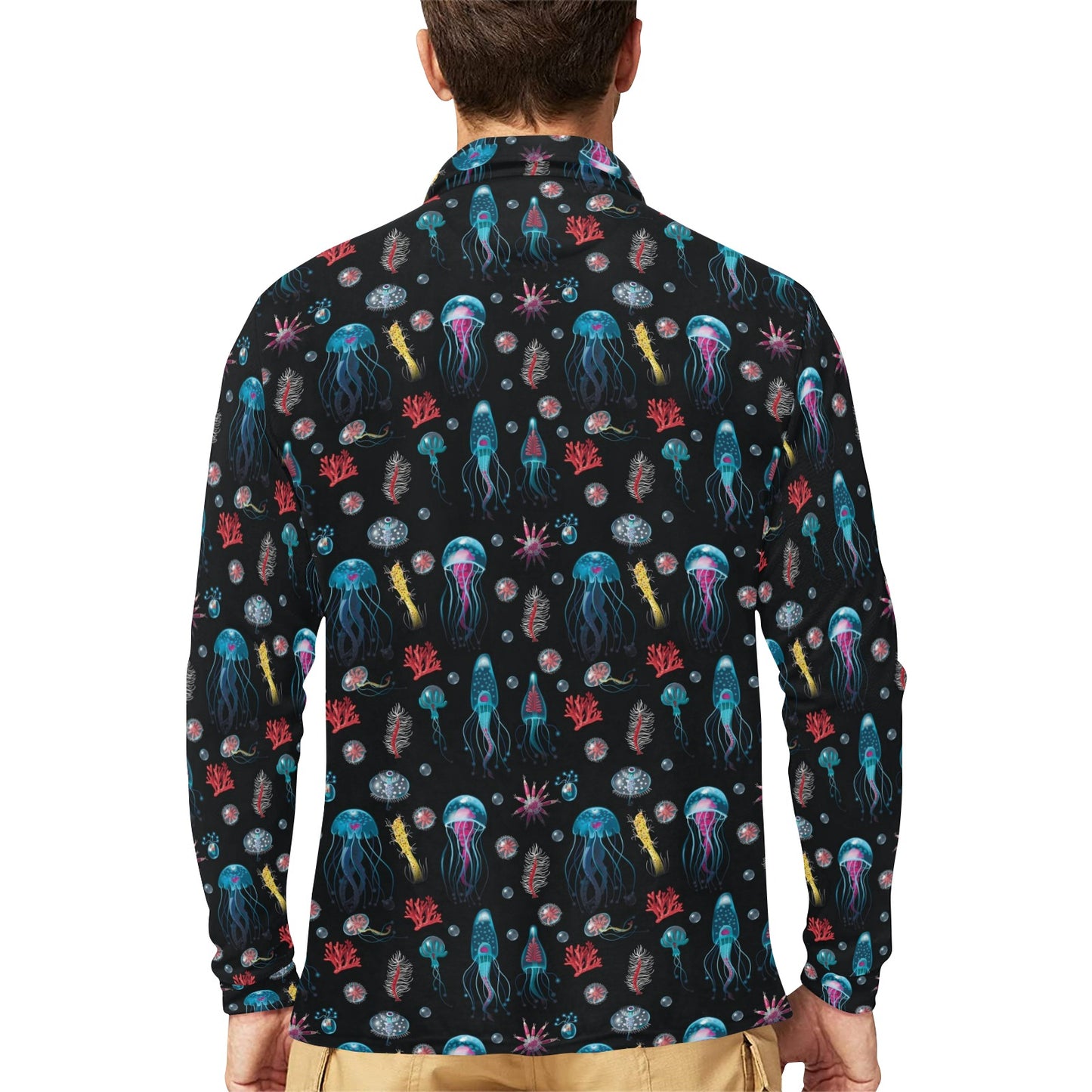 Jellyfish Underwater Print Long Sleeve Polo Shirt For Men's