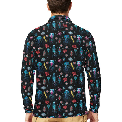 Jellyfish Underwater Print Long Sleeve Polo Shirt For Men's
