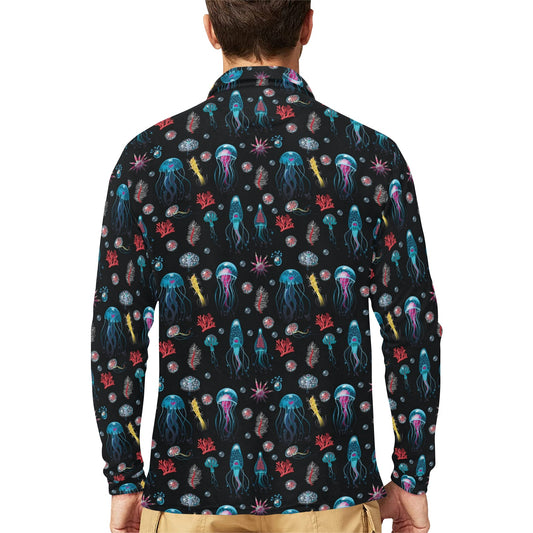 Jellyfish Underwater Print Long Sleeve Polo Shirt For Men's
