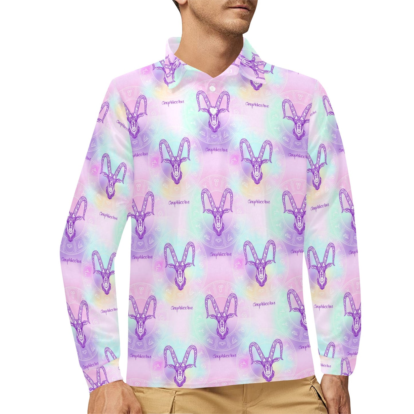 Capricorn Zodiac Pattern Print Design 02 Long Sleeve Polo Shirt For Men's