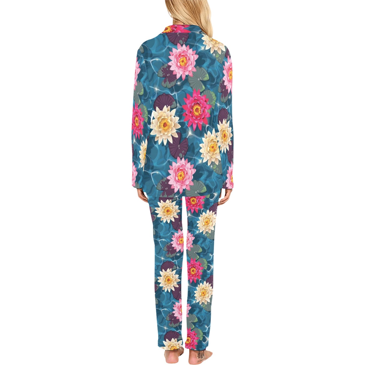 Water Lily Pattern Print Design WL05 Women's Long Pajama Set