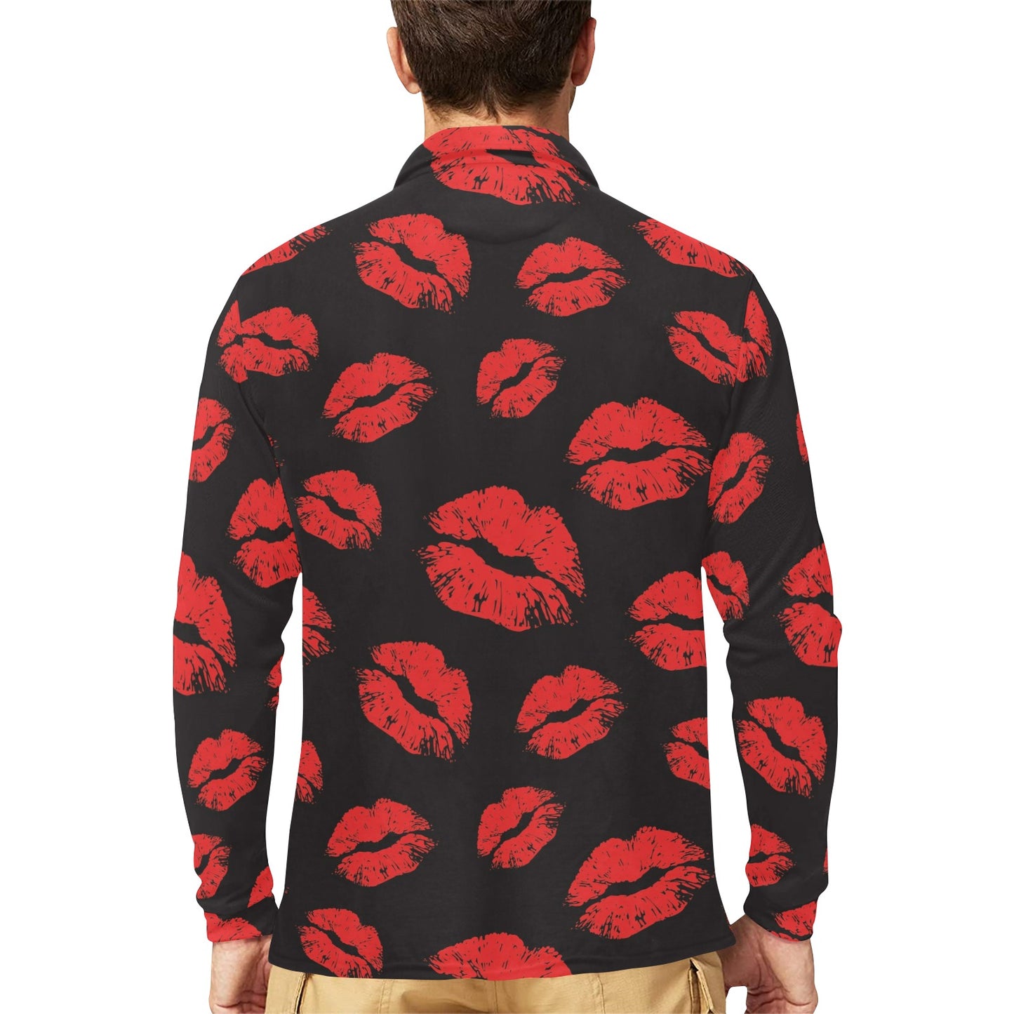 Lip Red Pattern Print Design 02 Long Sleeve Polo Shirt For Men's