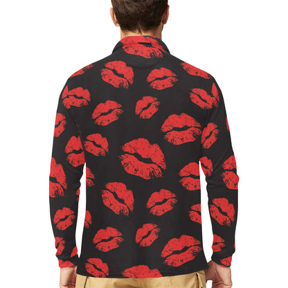 Lip Red Pattern Print Design 02 Long Sleeve Polo Shirt For Men's