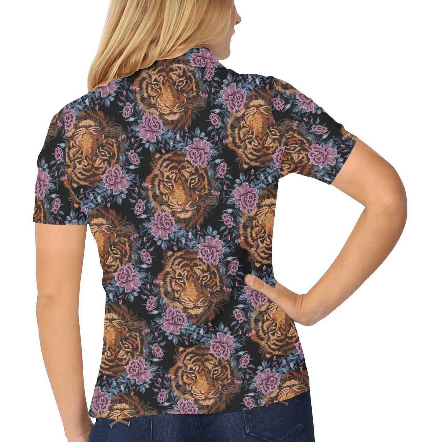 Tiger Head Floral Women's Polo Shirt