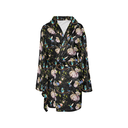 Hummingbird Flower Themed Print Women's Fleece Robe