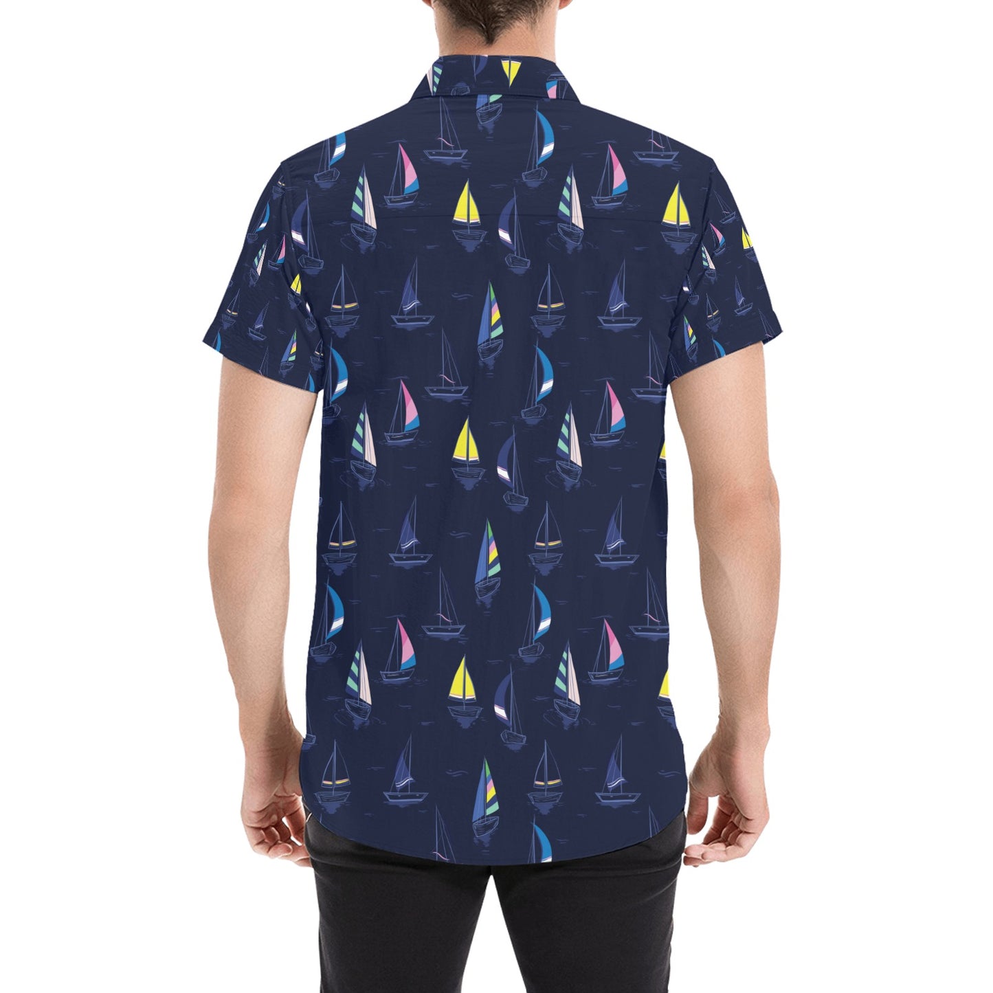 Sailboat Print Design LKS305 Men Short Sleeve Button Up Shirt